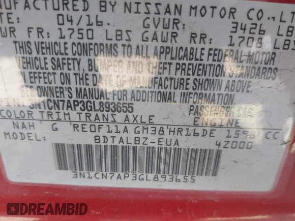 2016 Nissan Versa S Plus with VIN 3N1CN7AP3GL893655, listed as a IAAI auction lot 41680334 with 130,754 mi miles. Bid and sale history available at carsss.com. Image 9.