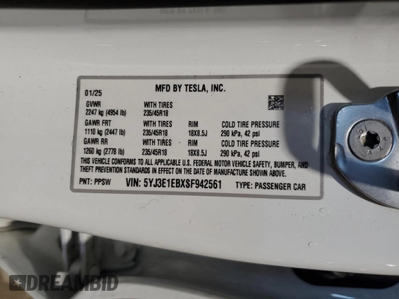 2025 Tesla Model 3 Long Range z VIN 5YJ3E1EBXSF942561, wystawiony jako Copart lot #52961935 z przebiegiem 5 911 mil mil oraz Szkoda całkowita • Salvage title. Historia ofert i sprzedaży dostępna na DreamBid. Obrazek 12.