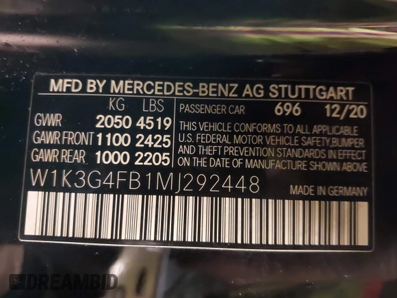 2021 Mercedes-Benz A 220 with VIN W1K3G4FB1MJ292448, listed as a IAAI auction lot 41411406 with 50,679 mi miles and . Bid and sale history available at DreamBid. Image 9.
