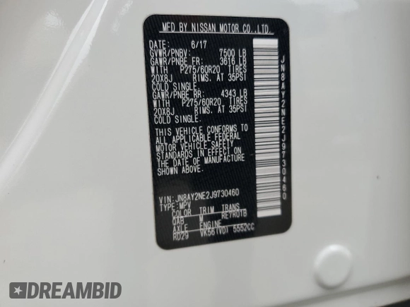 2018 Nissan Armada Platinum с VIN JN8AY2NE2J9730460, выставлен на аукционе Copart как лот 54322235 с пробегом 106 828 миль миль и Списание • Salvage title. История ставок и продаж доступна на DreamBid. Изображение 14.