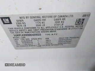 2013 GMC Terrain SLT with VIN 2GKFLXEK8D6429523, listed as a IAAI auction lot 41916725 with 133,591 mi miles and . Bid and sale history available at DreamBid. Image 9.