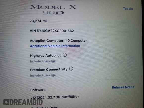 2016 Tesla Model X 70D with VIN 5YJXCAE2XGF001562, listed as a Copart auction lot 53539225 with 73,274 mi miles and Salvage Title. Bid and sale history available at DreamBid. Image 9.