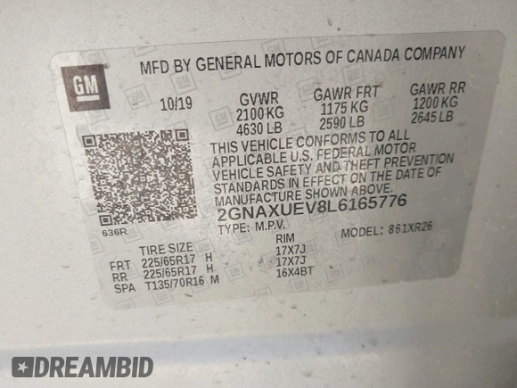 2020 Chevrolet Equinox LT with VIN 2GNAXUEV8L6165776, listed as a IAAI auction lot 41712136 with 132,479 mi miles. Bid and sale history available at carsss.com. Image 9.