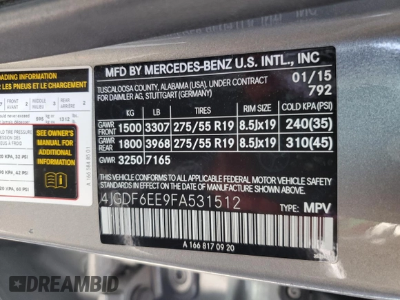 2015 Mercedes-Benz GL-Class GL 450 with VIN 4JGDF6EE9FA531512, listed as a Copart auction lot 61120853 with 109,418 mi miles. Bid and sale history available at carsss.com. Image 15.