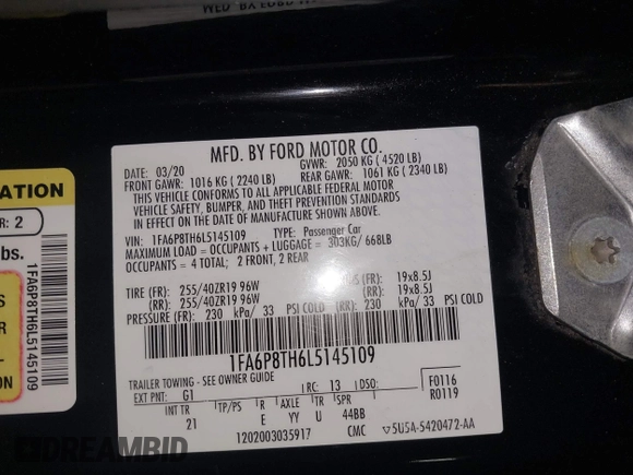 2020 Ford Mustang EcoBoost z VIN 1FA6P8TH6L5145109, wystawiony jako IAAI lot #42301649 z przebiegiem 48 622 mil mil oraz . Historia ofert i sprzedaży dostępna na DreamBid. Obrazek 9.
