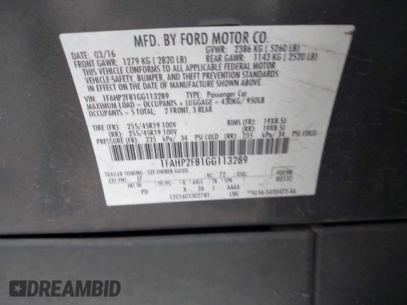 2016 Ford Taurus Limited with VIN 1FAHP2F81GG113289, listed as a IAAI auction lot 41883906 with 166,682 mi miles and . Bid and sale history available at DreamBid. Image 9.