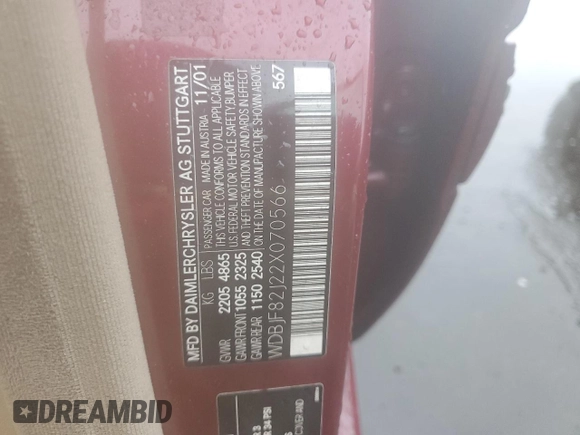 2002 Mercedes-Benz E 320 with VIN WDBJF82J22X070566, listed as a Copart auction lot 55964535 with 238,240 mi miles and Salvage Title. Bid and sale history available at DreamBid. Image 12.