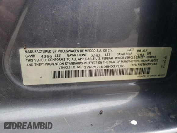 2008 Volkswagen Jetta SE with VIN 3VWRM71K08M037186, listed as a Copart auction lot 60173795 with 186,594 mi miles and Salvage title. Bid and sale history available at DreamBid. Image 12.