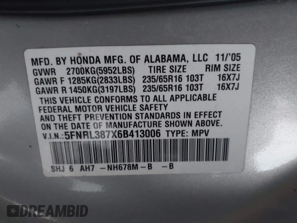 2006 Honda Odyssey EX-L z VIN 5FNRL387X6B413006, wystawiony jako IAAI lot #41687289 z przebiegiem 192 701 mil mil oraz . Historia ofert i sprzedaży dostępna na DreamBid. Obrazek 9.