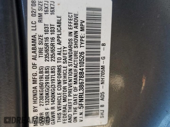 2008 Honda Odyssey EX-L with VIN 5FNRL38678B410526, listed as a Copart auction lot 86491384 with 185,279 mi miles and Salvage Title. Bid and sale history available at carsss.com. Image 16.