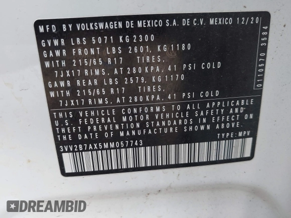 2021 Volkswagen Tiguan SE z VIN 3VV2B7AX5MM057743, wystawiony jako IAAI lot #42471192 z przebiegiem 80 133 mil mil oraz . Historia ofert i sprzedaży dostępna na DreamBid. Obrazek 9.