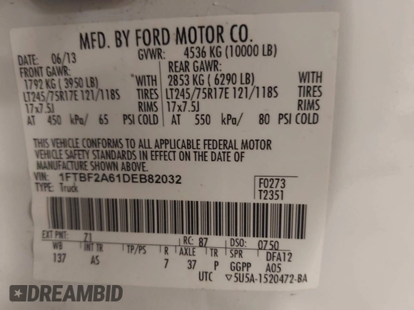 2013 Ford F-250 XL with VIN 1FTBF2A61DEB82032, listed as a IAAI auction lot 41009639 with 45,880 mi miles and . Bid and sale history available at DreamBid. Image 9.