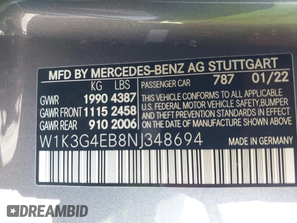 2022 Mercedes-Benz A 220 with VIN W1K3G4EB8NJ348694, listed as a IAAI auction lot 41861300 with 52,596 mi miles and . Bid and sale history available at DreamBid. Image 9.