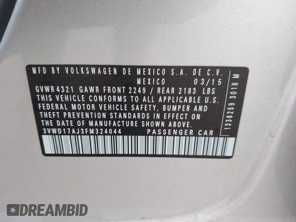 2015 Volkswagen Jetta SE with VIN 3VWD17AJ3FM324044, listed as a IAAI auction lot 42594929 with 108,480 mi miles and . Bid and sale history available at DreamBid. Image 9.