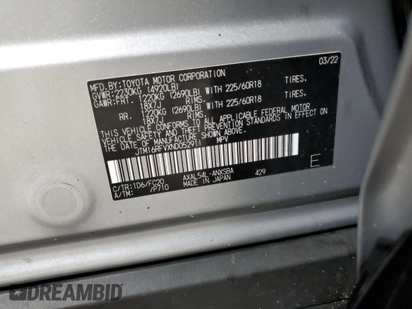 2022 Toyota RAV4 Hybrid SE with VIN JTM16RFVXND052911, listed as a Copart auction lot 62829175 with 84,035 mi miles and Salvage title. Bid and sale history available at DreamBid. Image 13.