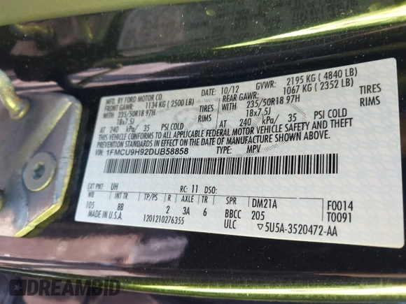 2013 Ford Escape SEL with VIN 1FMCU9H92DUB58858, listed as a IAAI auction lot 41913664 with 108,224 mi miles. Bid and sale history available at carsss.com. Image 9.