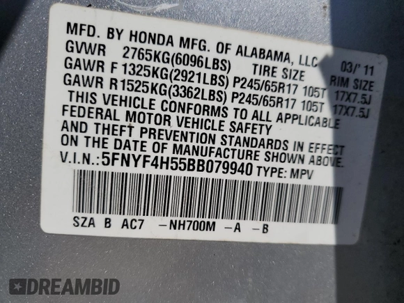 2011 Honda Pilot EX-L with VIN 5FNYF4H55BB079940, listed as a Copart auction lot 48995935 with 279,722 mi miles and Salvage Title. Bid and sale history available at carsss.com. Image 12.
