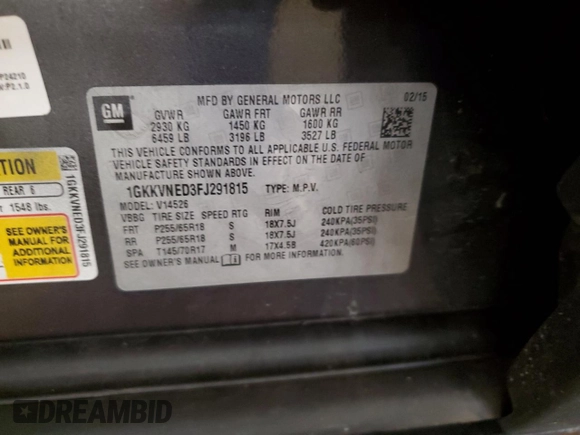 2015 GMC Acadia SLE с VIN 1GKKVNED3FJ291815, выставлен на аукционе Copart как лот 62463225 с пробегом 93 602 миль миль и Списание • Salvage title. История ставок и продаж доступна на DreamBid. Изображение 13.