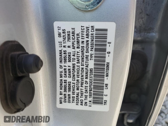 2012 Honda Civic LX z VIN 19XFB2F53CE373385, wystawiony jako Copart lot #51335755 z przebiegiem 188 159 mil mil oraz Szkoda całkowita • Salvage title. Historia ofert i sprzedaży dostępna na DreamBid. Obrazek 12.