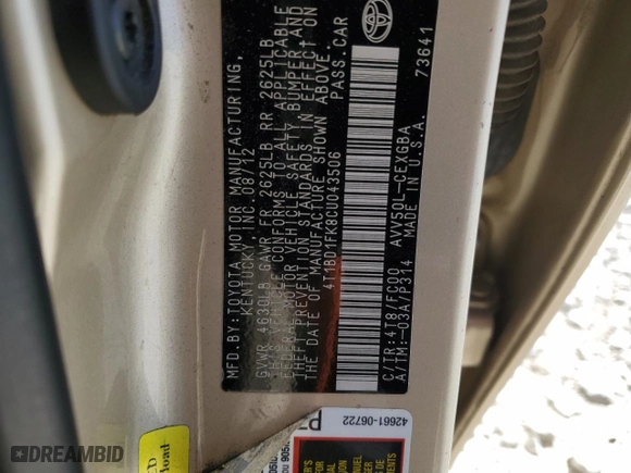 2012 Toyota Camry Hybrid XLE with VIN 4T1BD1FK8CU043506, listed as a Copart auction lot 54149115 with 228,848 mi miles and Clean Title. Bid and sale history available at carsss.com. Image 12.