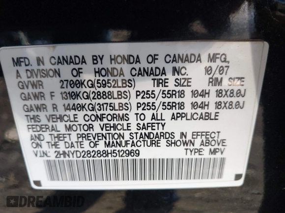 2008 Acura MDX with VIN 2HNYD28288H512969, listed as a IAAI auction lot 42017393 with 191,023 mi miles and . Bid and sale history available at DreamBid. Image 9.