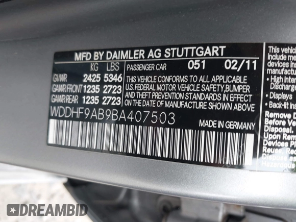 2011 Mercedes-Benz E 550 Luxury with VIN WDDHF9AB9BA407503, listed as a IAAI auction lot 42515013 with 216,419 mi miles and . Bid and sale history available at DreamBid. Image 9.