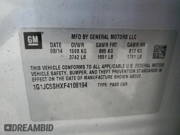 2015 Chevrolet Sonic LT z VIN 1G1JC5SHXF4108194, wystawiony jako Copart lot #54174955 z przebiegiem 146 443 mil mil oraz Szkoda całkowita • Salvage title. Historia ofert i sprzedaży dostępna na DreamBid. Obrazek 12.