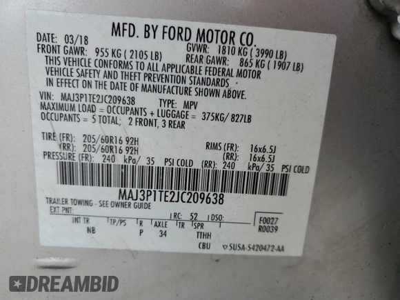 2018 Ford EcoSport SE z VIN MAJ3P1TE2JC209638, wystawiony jako Copart lot #54653455 z przebiegiem 47 915 mil mil oraz Nie do naprawy • Non repairable. Historia ofert i sprzedaży dostępna na DreamBid. Obrazek 12.