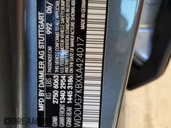 2019 Mercedes-Benz S with VIN WDDUG7KBXKA424017, listed as a Copart auction lot 47833615 with 50,813 mi miles and Salvage Title. Bid and sale history available at DreamBid. Image 12.
