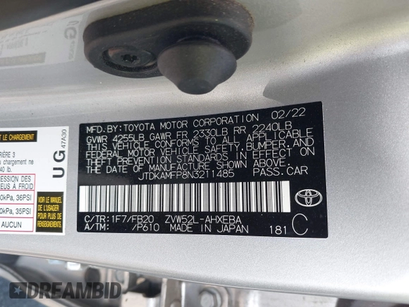 2022 Toyota Prius LE z VIN JTDKAMFP8N3211485, wystawiony jako IAAI lot #42515220 z przebiegiem 23 875 mil mil oraz . Historia ofert i sprzedaży dostępna na DreamBid. Obrazek 9.