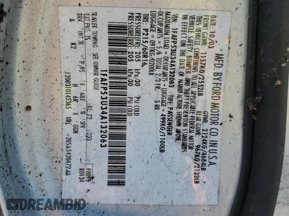 2004 Ford Taurus SE with VIN 1FAFP53U34A132063, listed as a Copart auction lot 58622055 with 96,858 mi miles and Clean title. Bid and sale history available at DreamBid. Image 12.
