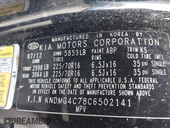 2012 Kia Sedona LX with VIN KNDMG4C78C6502141, listed as a IAAI auction lot 41725800 with 153,789 mi miles and . Bid and sale history available at carsss.com. Image 9.