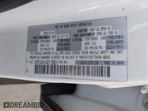 2016 Mazda CX-9 Grand Touring with VIN JM3TCADYXG0113563, listed as a IAAI auction lot 42593120 with 237,696 mi miles and . Bid and sale history available at DreamBid. Image 9.
