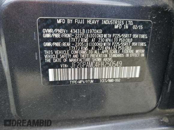 2015 Subaru Crosstrek Limited with VIN JF2GPAMC4FH250549, listed as a Copart auction lot 65094715 with 171,365 mi miles and Salvage title. Bid and sale history available at DreamBid. Image 12.