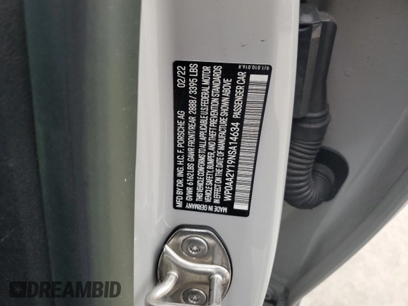2022 Porsche Taycan z VIN WP0AA2Y19NSA14634, wystawiony jako Copart lot #79716154 z przebiegiem 40 718 mil mil oraz Szkoda całkowita • Salvage title. Historia ofert i sprzedaży dostępna na DreamBid. Obrazek 14.