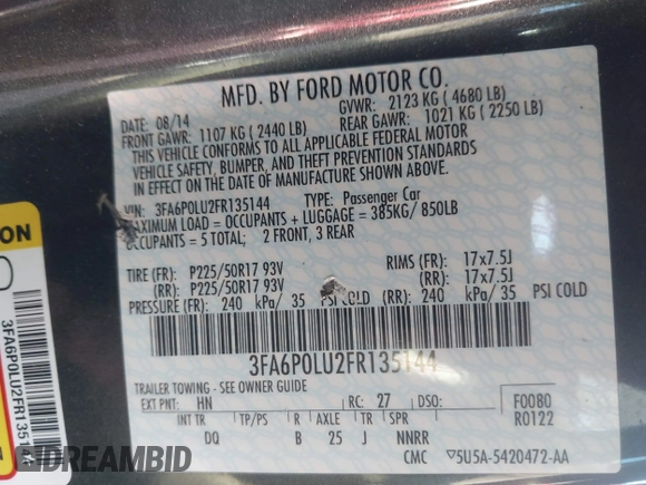 2015 Ford Fusion SE Hybrid with VIN 3FA6P0LU2FR135144, listed as a IAAI auction lot 41975973 with 89,315 mi miles. Bid and sale history available at carsss.com. Image 9.