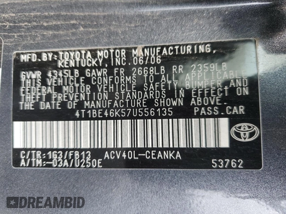 2007 Toyota Camry CE with VIN 4T1BE46K57U556135, listed as a Copart auction lot 54595615 with 248,096 mi miles and Salvage Title. Bid and sale history available at carsss.com. Image 12.