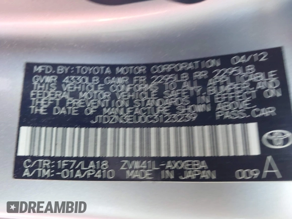 2012 Toyota Prius Two with VIN JTDZN3EU0C3123239, listed as a IAAI auction lot 41649249 with Not Provided miles and . Bid and sale history available at DreamBid. Image 9.
