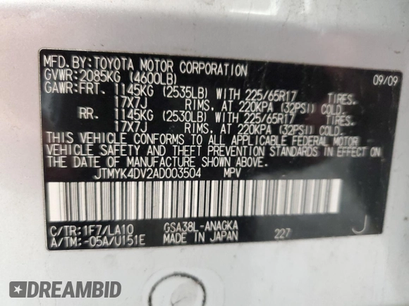 2010 Toyota RAV4 Limited z VIN JTMYK4DV2AD003504, wystawiony jako Copart lot #56321345 z przebiegiem 192 731 mil mil oraz Szkoda całkowita • Salvage title. Historia ofert i sprzedaży dostępna na DreamBid. Obrazek 13.