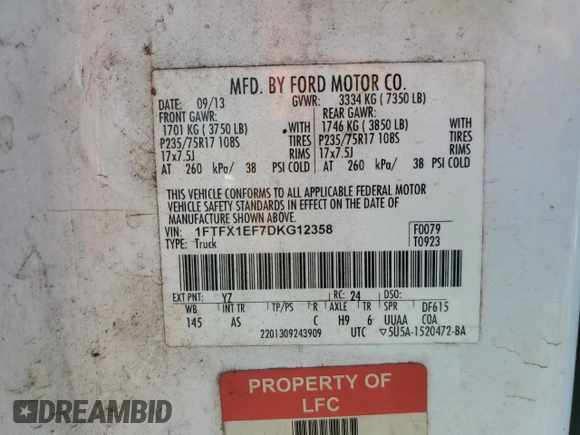 2013 Ford F-150 XL with VIN 1FTFX1EF7DKG12358, listed as a Copart auction lot 53731375 with 232,307 mi miles and Salvage Title. Bid and sale history available at carsss.com. Image 13.