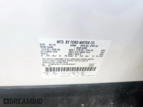 2018 Ford Explorer Platinum with VIN 1FM5K8HT2JGB88893, listed as a Copart auction lot 61164705 with 133,843 mi miles and Salvage title. Bid and sale history available at DreamBid. Image 13.