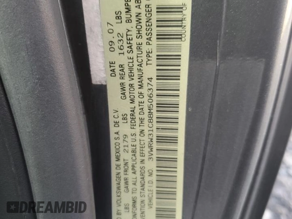2008 Volkswagen Beetle S с VIN 3VWRW31C88M506374, выставлен на аукционе Copart как лот 83808904 с пробегом 109 126 миль миль и Списание • Salvage title. История ставок и продаж доступна на DreamBid. Изображение 14.