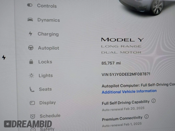 2021 Tesla Model Y Long Range with VIN 5YJYGDEE2MF087871, listed as a IAAI auction lot 41370004 with 85,757 mi miles. Bid and sale history available at carsss.com. Image 15.
