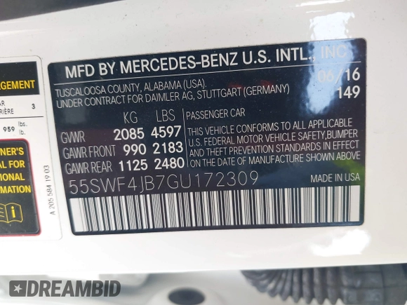 2016 Mercedes-Benz C 300 with VIN 55SWF4JB7GU172309, listed as a IAAI auction lot 42471452 with 52,781 mi miles and . Bid and sale history available at DreamBid. Image 9.