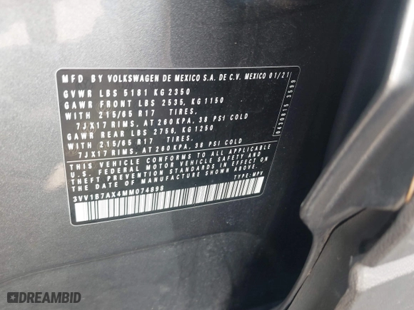 2021 Volkswagen Tiguan S with VIN 3VV1B7AX4MM074898, listed as a IAAI auction lot 40565377 with 1 mi miles. Bid and sale history available at carsss.com. Image 9.
