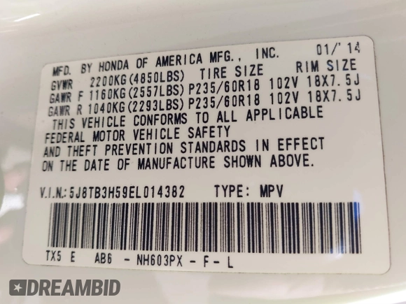 2014 Acura RDX Tech Pkg with VIN 5J8TB3H59EL014382, listed as a IAAI auction lot 41649885 with 104,542 mi miles. Bid and sale history available at carsss.com. Image 9.