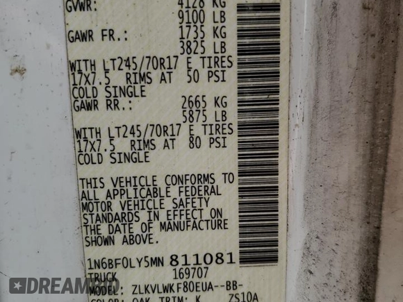 2021 Nissan NV Cargo SV z VIN 1N6BF0LY5MN811081, wystawiony jako Copart lot #57692305 z przebiegiem 249 132 mil mil oraz Szkody całkowita. Historia ofert i sprzedaży dostępna na DreamBid. Obrazek 14.