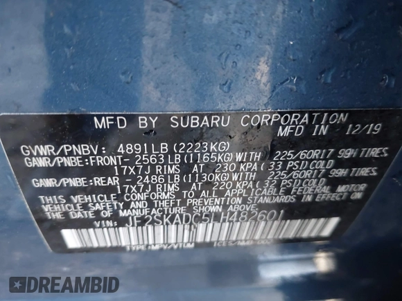 2020 Subaru Forester with VIN JF2SKADC5LH482601, listed as a IAAI auction lot 42038882 with 93,831 mi miles. Bid and sale history available at carsss.com. Image 9.