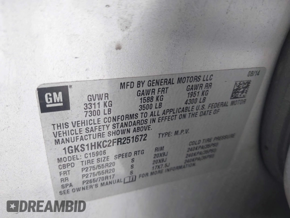 2015 GMC Yukon XL SLT with VIN 1GKS1HKC2FR251672, listed as a IAAI auction lot 42152312 with 232,736 mi miles and . Bid and sale history available at carsss.com. Image 9.
