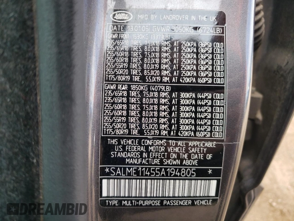 2005 Land Rover Range Rover HSE with VIN SALME11455A194805, listed as a Copart auction lot 63635744 with 160,951 mi miles and Clean title. Bid and sale history available at DreamBid. Image 13.